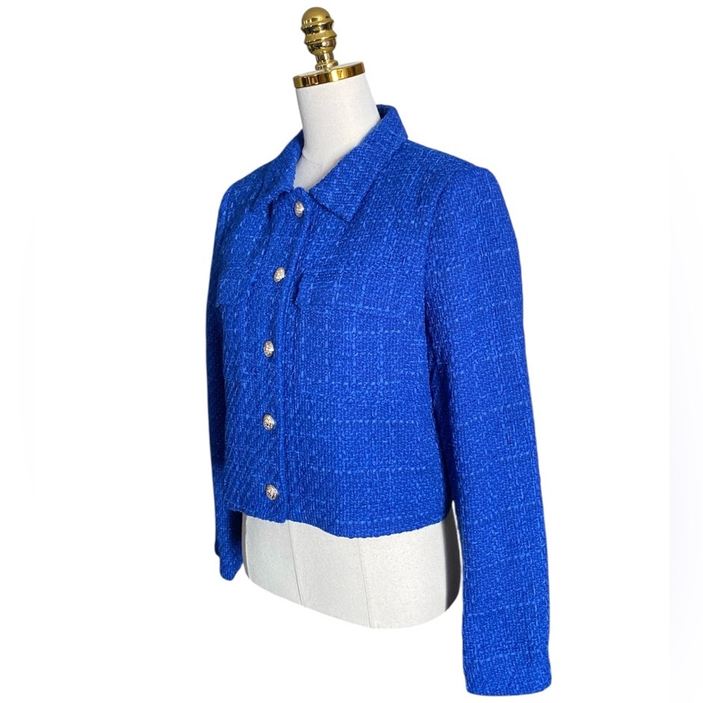 Rachel Zoe Women Cobalt Blue Tweed Cropped Office Preppy Classic Jacket Medium - Picture 3 of 7